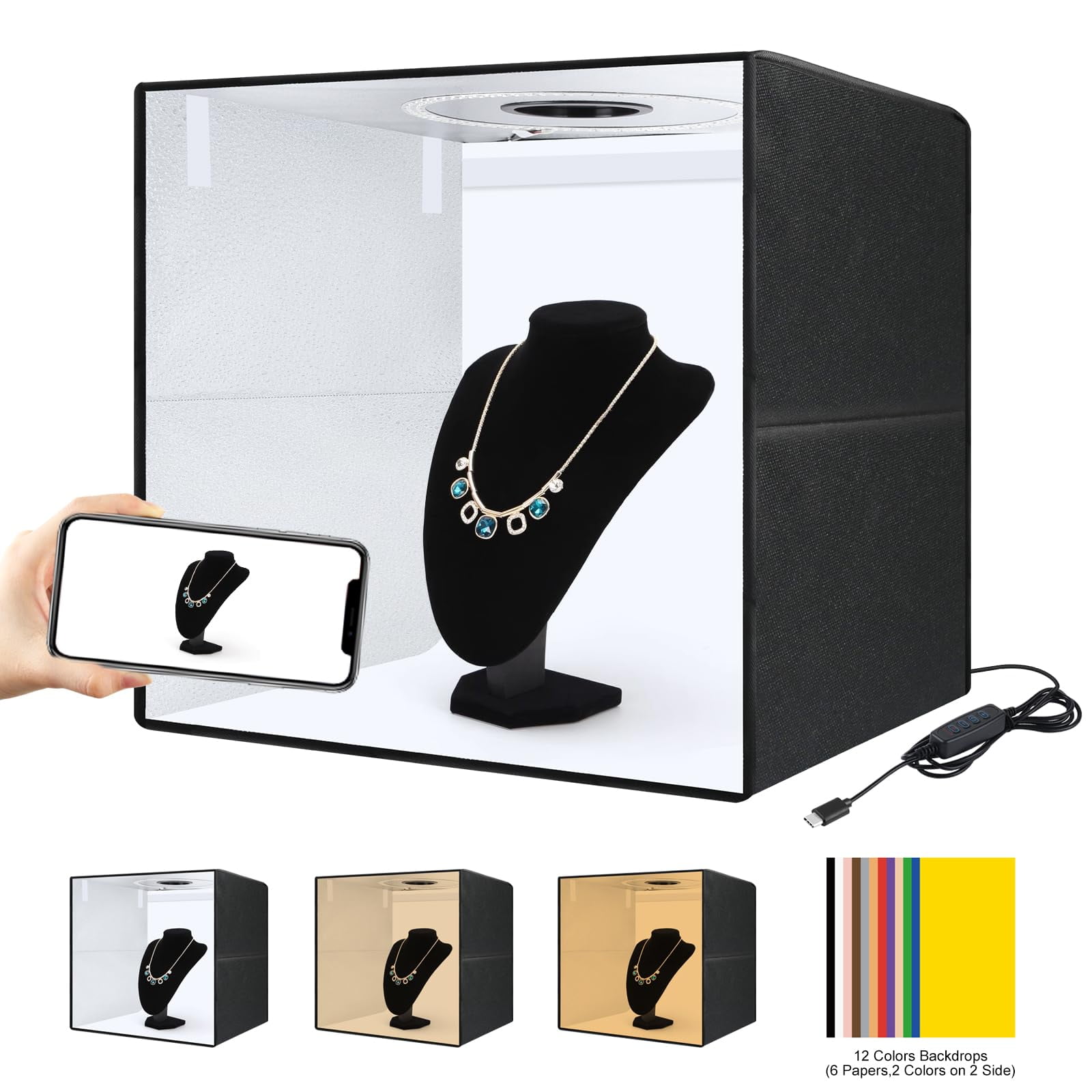 Photo Studio Box Hongbang De 20 X 20 Cm Con Anillo De Luz Pd Tipo C De 20 W