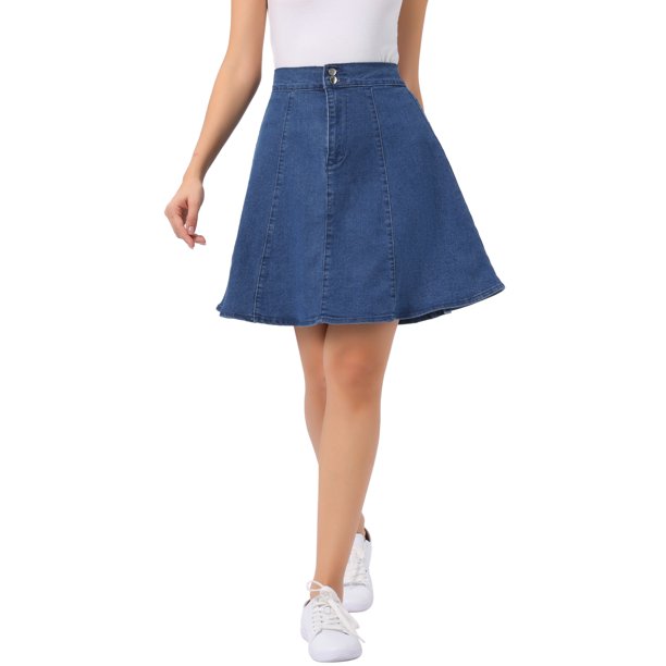 INSPIRE CHIC Faldas para Mujer de Regreso a Clases de Cintura Alta Línea A Acampanada Casual Falda de Mezclilla Azul Denim L