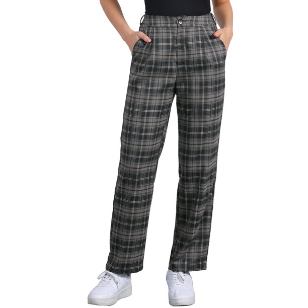Pantalones largos rectos con cintura elástica a cuadros con cremallera y botón para mujer INSPIRE CHIC de regreso a clases XL Gris oscuro marrón