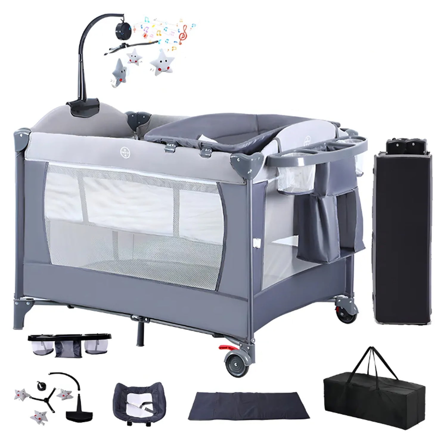 Cuna Corral Plegable De Viaje Kidscool Con Mudador Mosquitero Y Organizador 104 X 76 X 76 Cm Gris