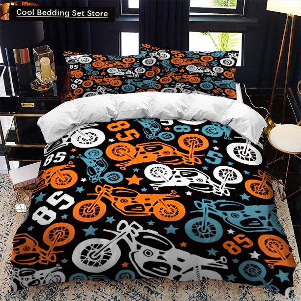 x1936 Bed SheetsMotorcycle Rider Bed Duvet Cover Set Twin Full Size Red Bedding Set Motorbike Soft /Polyester Comforter Cover 3-Piece Bedding Set (1 Duvet Cover + 2 Pillow Shams) nj1936