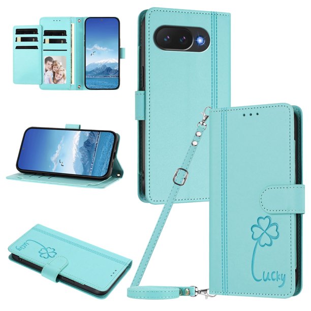 Funda Cartera Trébol para Google Pixel 10a con Ranuras Tarjetas y Carga Inalámbrica Verde menta