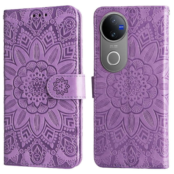 Funda tipo cartera FOXDOCK para Vivo V50 , diseño girasol en relieve, cuero PU, cierre magnético, soporte y tarjetero