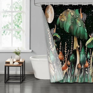 Lvrlvr 1 Pieza Cortina De Ducha Con Diseño De Bosque Mágico Nocturno, Color Negro Y Verde, Estilo Fantástico Bohemio, Tamaño 180X180 Cm + 12 Ganchos De Tipo C
