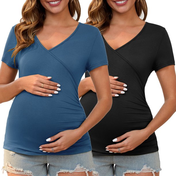 INSPIRE CHIC Blusa de Maternidad para Mujeres de Manga Corta con Cuello en V Cruzado y Fruncido, Imitación de Envoltura para Embarazo y Lactancia, Talla Extra Grande, Negro y Azul