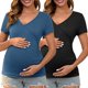 thumbnail image 1 of INSPIRE CHIC Blusa de Maternidad para Mujeres de Manga Corta con Cuello en V Cruzado y Fruncido, Imitación de Envoltura para Embarazo y Lactancia, Talla Extra Grande, Negro y Azul, 1 of 6