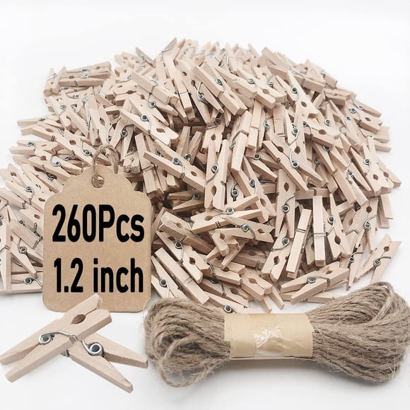 Mini pinzas de madera para ropa Wddeevoi 260 piezas con cuerda de yute