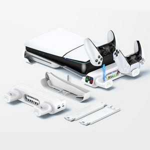 Soporte Horizontal Aaronmei Ps5 Slim Con Ventilador De 3 Etapas Y Cargador De Controlador Blanco