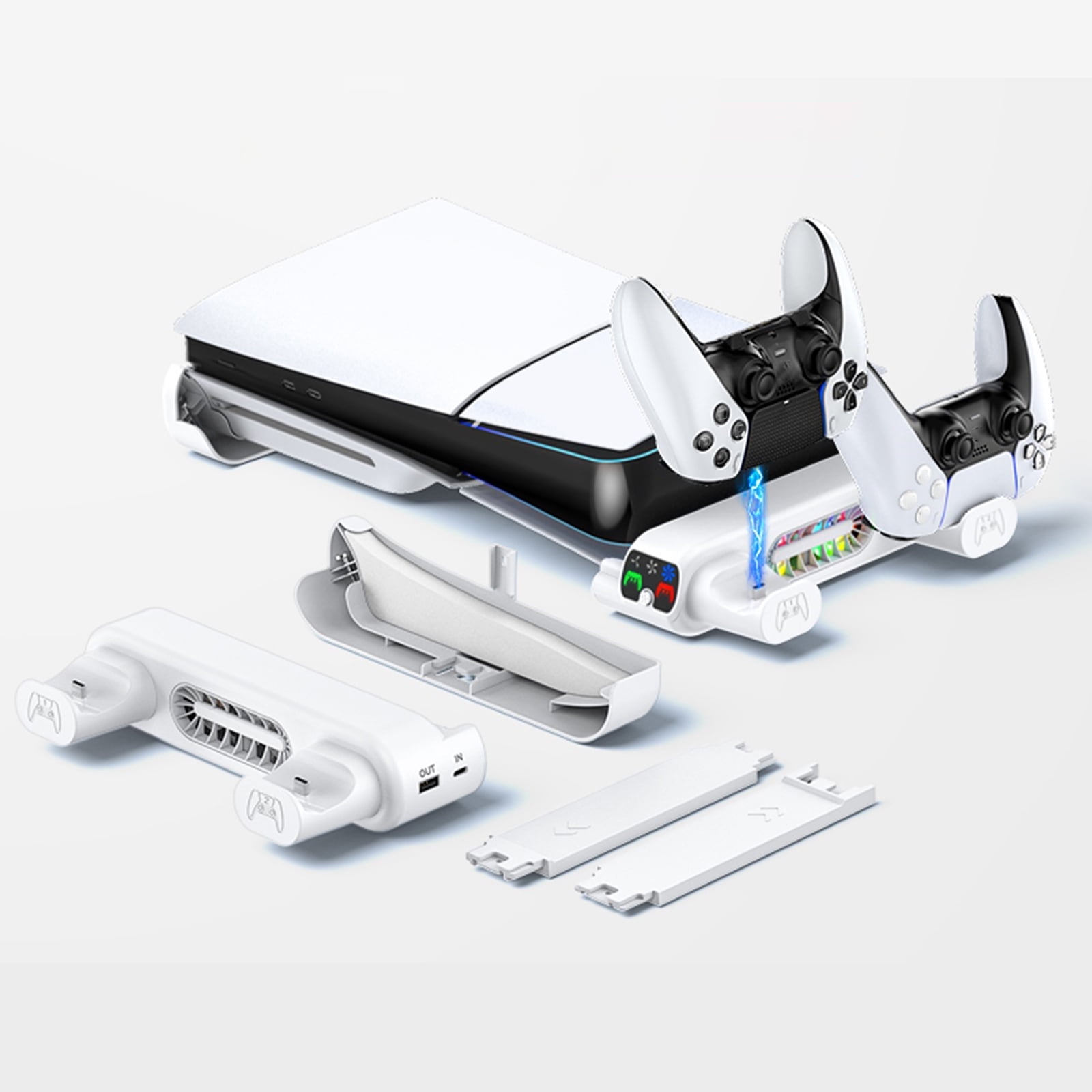 Soporte Horizontal Aaronmei Ps5 Slim Con Ventilador De 3 Etapas Y Cargador De Controlador Blanco