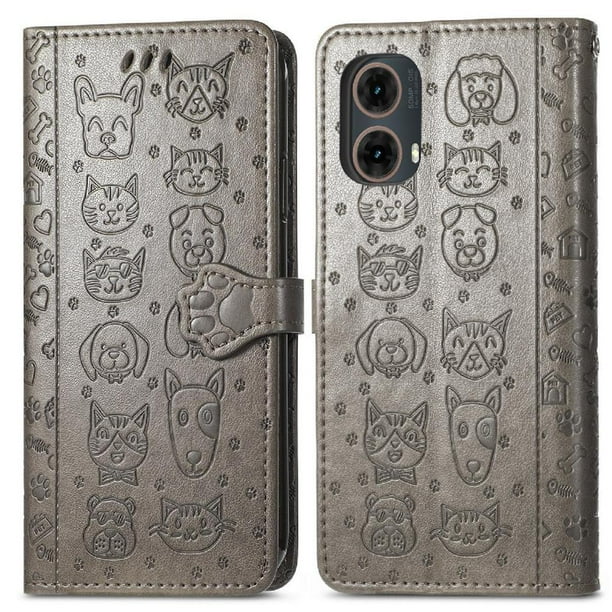 Funda Cartera FOXDOCK para Motorola Moto G45 , Flip PU con Relieve de Gatos y Perros, Tarjetero y Soporte