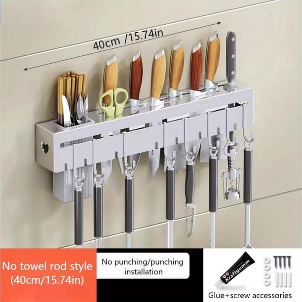 1pc Knife Rack, Wall-mounted Knife Holder With Chopsticks Barrel, Multifunctional Carbon Steel Storage Rack, Kitchen Punch-free Rack With Hooks, Kitchen Storage Organization, Kitchen Accessories
