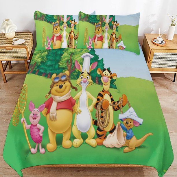 Winnie The Pooh Bed Duvet Cover Microfiber Bedding Sets 3D Printed Lightweight 3 Piece Comforter Sets for Kids Boys Girls