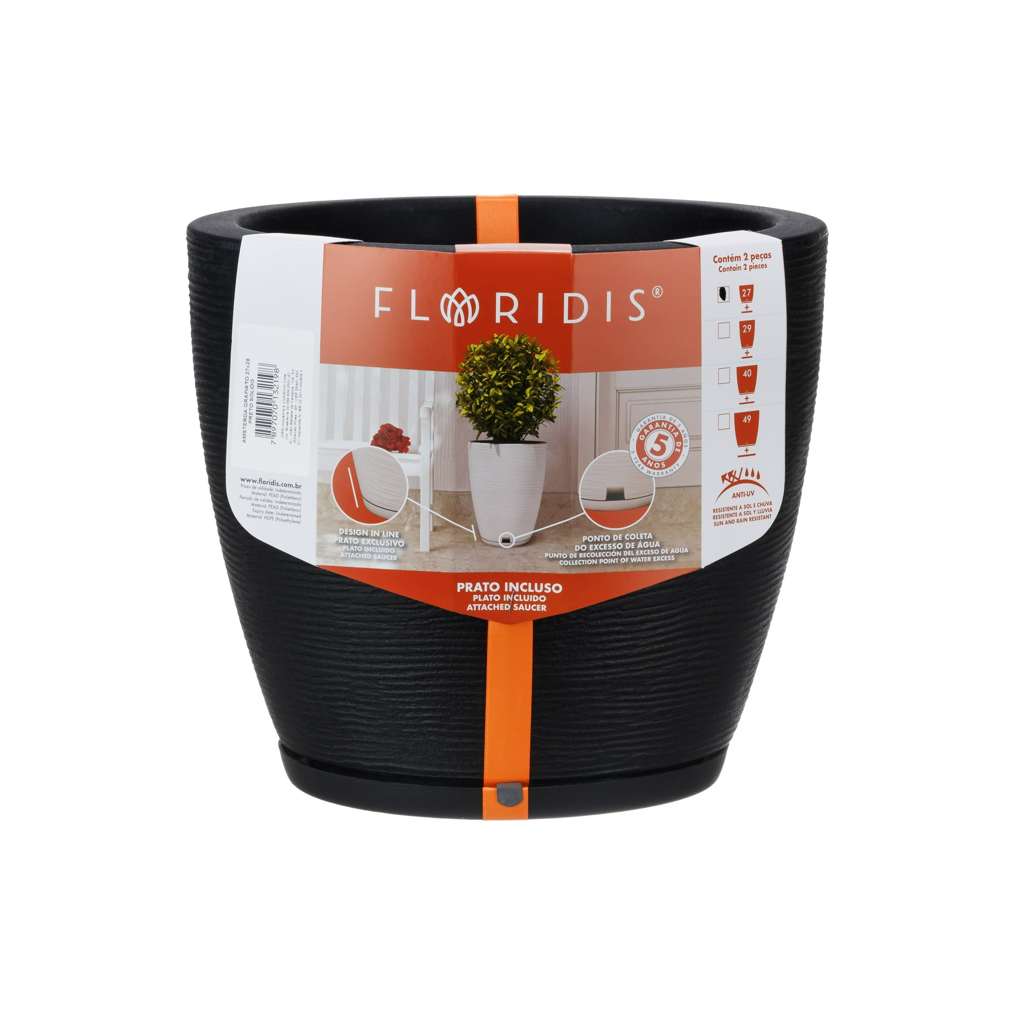 Floridis - Macetero Negro Amsterdam 28cm Alto Con Plato