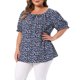 thumbnail image 4 of Agnes Orinda Blusas Casuales de Verano para Mujer de Talla Grande con Estampado Floral, Cuello Redondo con Lazo, Manga Corta con Volantes, Talla 2X Azul Oscuro, 4 of 6