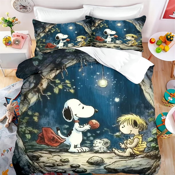 v2884 Bed Sheets Snoopy Cartoon Duvet -Piece Set Quilt Cover King Size Cute Teenager Bedding Children Room Decor Home Anime Gifts For Kids 3-Piece Bedding Set (1 Duvet Cover + 2 Pillow Shams) Bed Shee