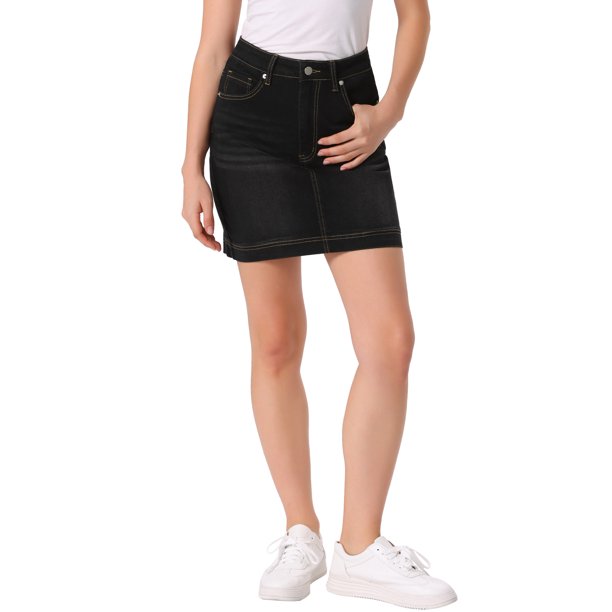 INSPIRE CHIC Falda de Mezclilla para Mujer Casual de Cintura Alta Falda de Jean Regreso a Clases con Bolsillos S Negro