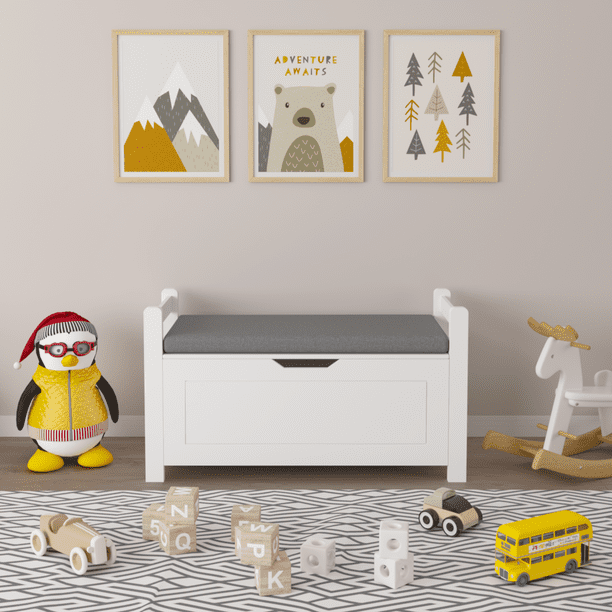 Kids Toy Box Chest, White Toy Box for Boys Girls, Large Storage Cabinet with Cushion Seat Bench/Flip-Top Lid/Safety Hinge, Toy Storage Organizer Trunk for Nursery, Playroom
