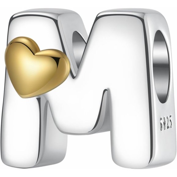 Charm Letra M CHENYUTE de Plata 925 con Corazón Dorado 5 mm Pandora