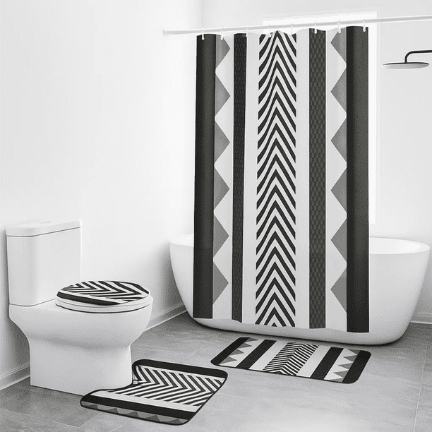 Set Juego De Baño Con Cortina Cubre Inodoro 4 Piezas