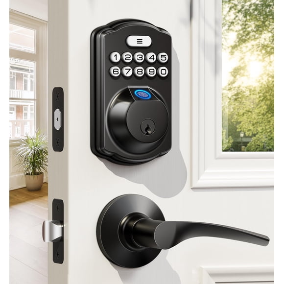Cerradura de puerta con huella digital Veise con 2 manillas de palanca, color negro mate