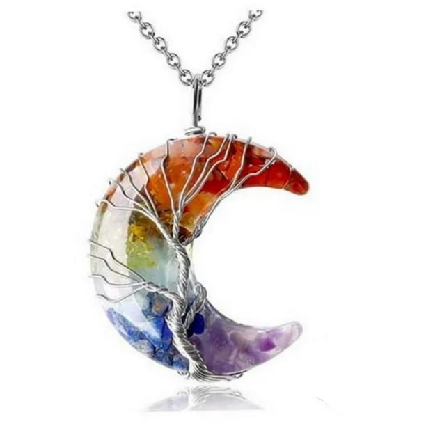 HESHPAWS Árbol de la vida collar de collar de alambre envuelto de luna creciente colgante de piedra de la luna creciente colgante,7 Chakra collar de joyería de cristal de curación para mujeres