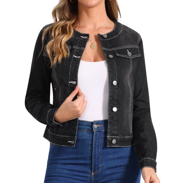INSPIRE CHIC Chaqueta Vaquera Recortada de Manga Larga sin Cuello con Botones para Mujer, Regreso a Clases, Negro M