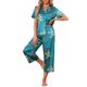 thumbnail image 2 of INSPIRE CHIC Pijama de Satén para Mujer Regreso a Clases Manga Corta Camisa Abotonada y Pantalones Capri con Cintura Elástica Ropa de Dormir M Verde Azulado con Flor de Albaricoque Naranja, 2 of 6