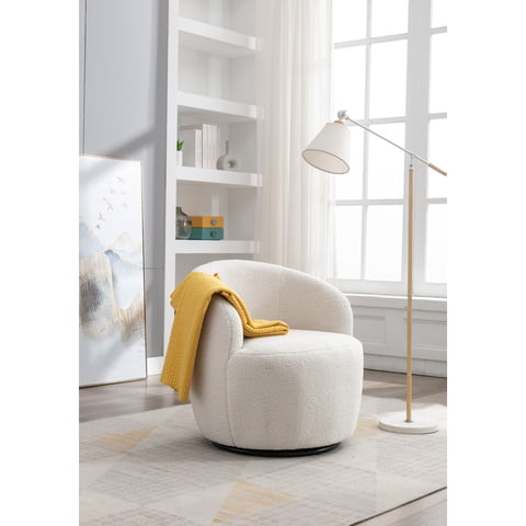M&Ms - Teddy Fabric Swivel Accent Armchair Barrel Chair With Black Powder Coating Metal Ring,Ivory White