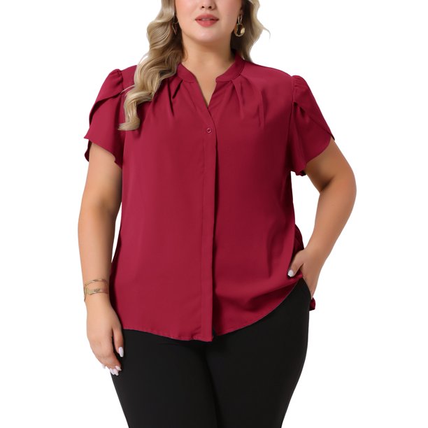 Agnes Orinda Blusa de Trabajo para Mujer Talla Grande de Escuela Colegio Camisas de Gasa con Mangas de Pétalo Plisadas Cuello en V con Botones 2X Burdeos
