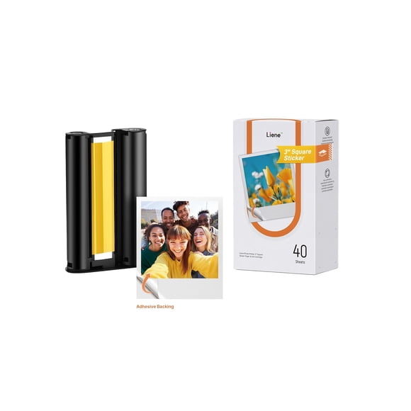 Liene Amber M110 y M210 Papel Fotográfico Adhesivo 3x3" 40 Hojas y 1 Cartucho, Papel Sticker para Impresora Fotográfica, Impermeable y Resistente a Manchas, Solo para Impresoras DHP514/DHP515