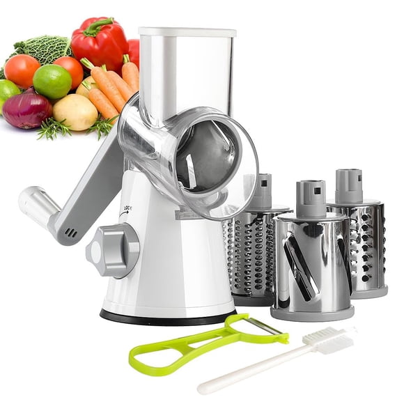 Rallador rotativo de queso Ourokhome, 3 cuchillas de tambor, manual, blanco y gris
