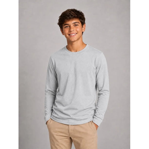 Polera De Niño Manga Larga Basica 100%algodon Cuello Redondo Gris Claro 10 Lisa