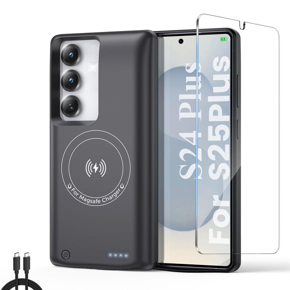 Funda con carga para Samsung Galaxy S24 Plus/S25 Plus, funda con batería de 10 000 mAh, power bank portátil real con carga inalámbrica magnética, negra