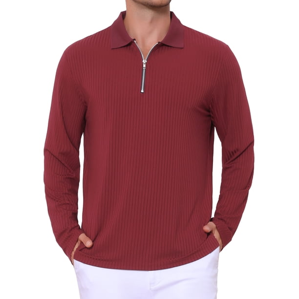 INSPIRE CHIC Camisas Polo Texturizadas para Hombre de Manga Larga con Cremallera Cuarto para Golf Talla L Burdeos