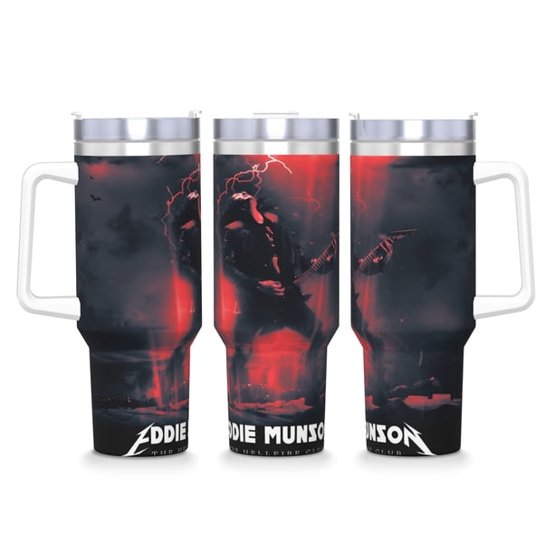 Eddie Munson Vaso aislado de acero inoxidable con asa, diseño temático, regalo para familia, amigos y fans; incluye pajita y encaja en el portavasos estándar, 40 oz