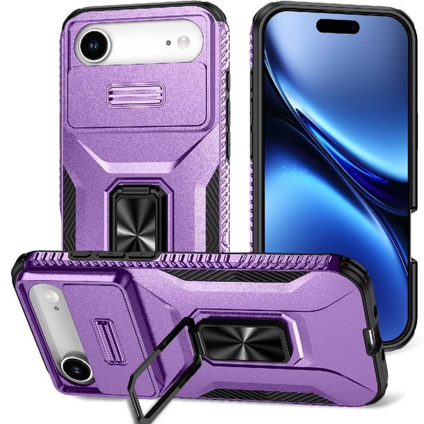 Funda Armada para iPhone 17 Air con Tapa Deslizante y Soporte Magnético Giratorio Morado