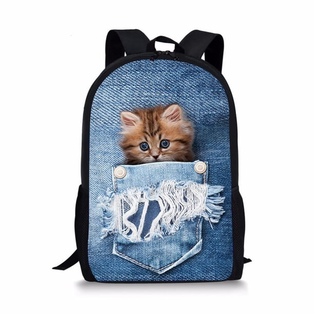 Black Denim Pocket Cat Student School Bag Kitten Printed Backpack Teenager Daily Casual Backpack Women Men Travel Rucksacks