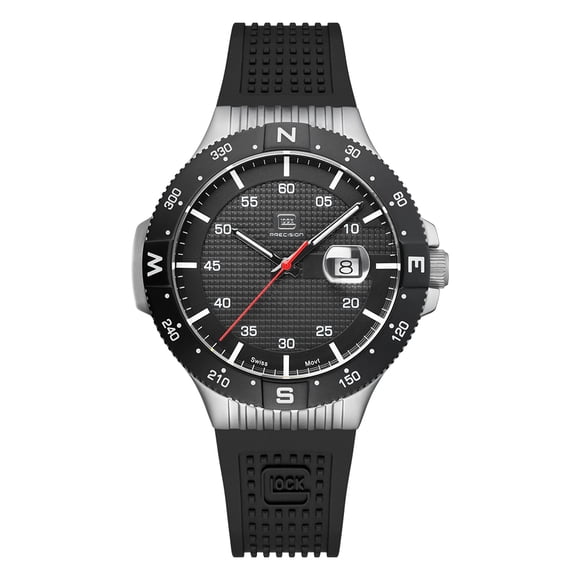 Reloj Glock Precision para hombre con carcasa de acero plateado y correa negra