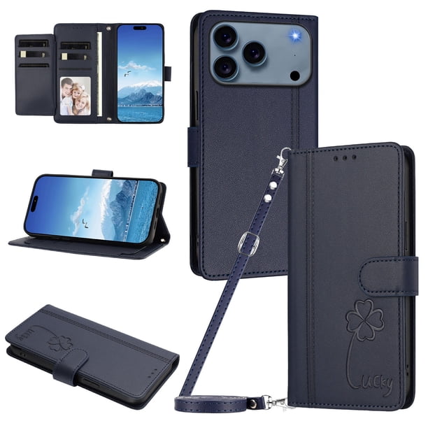 Funda Cartera Trébol para iPhone 17 Pro con Ranuras Tarjetas y Carga Inalámbrica Azul oscuro