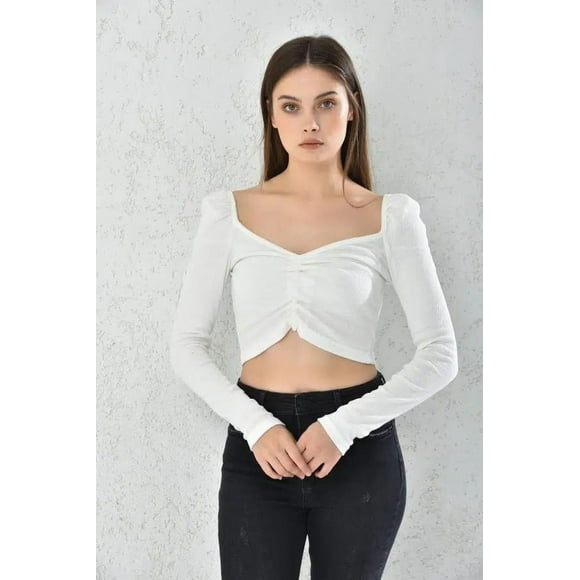 Polera Mujer Manga Larga Crop Blanco Ajustable Talla S