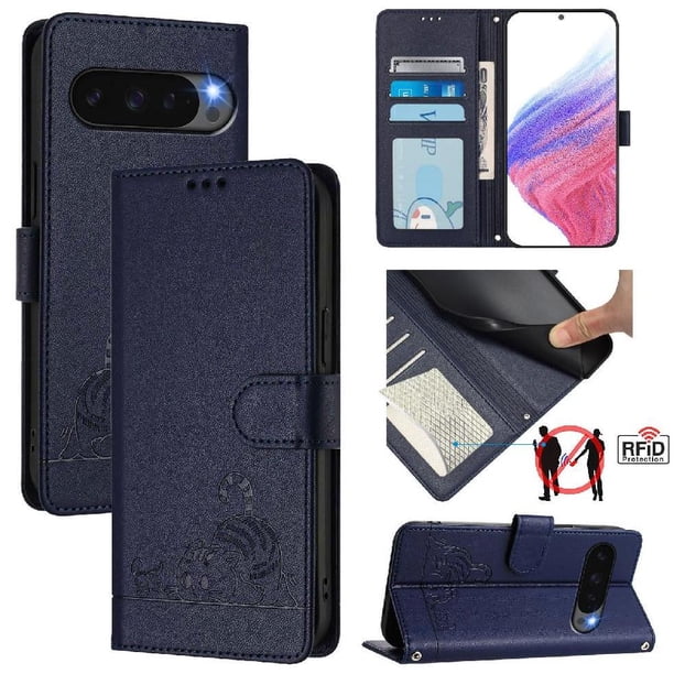 Funda tipo cartera FOXDOCK para Google Pixel 10 5G con soporte, ranuras, RFID, diseño de gato
