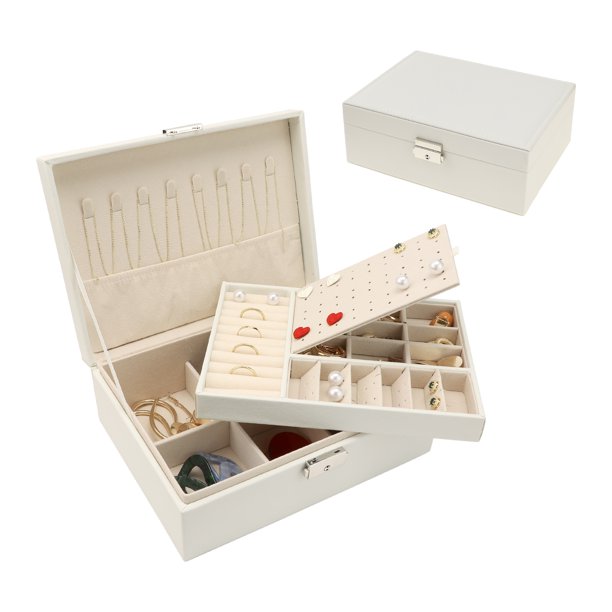 REGALWOVEN Caja de Accesorios de 2 Capas para Regalos de Cumpleaños para Niñas y Mujeres, Organizador de Accesorios de Cuero PU Blanco 9.1'x 6.7'x 3.5