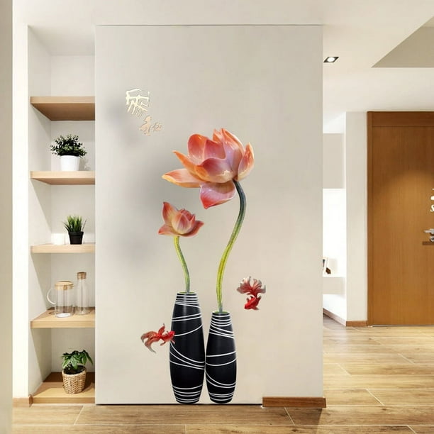 1pc Chinese Style 3D Lotus In Vase Wall Stickers Vinyl Large Wall Decals Art Decorations Decor For Bedroom Living Room Office Study Room Murals