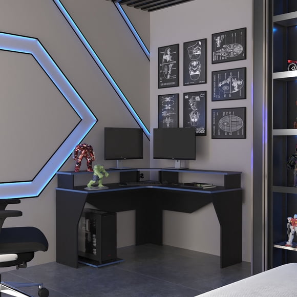 Escritorio Gamer En L Con 2 Niveles Para Monitores Guma Wengue Y Azul