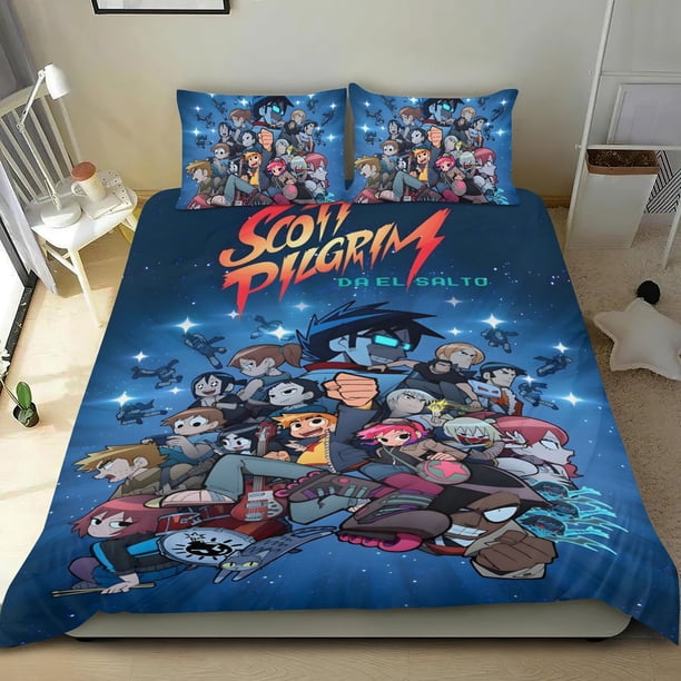 Scott Pilgrim Conjunto de sábanas temático, trío de piezas, cómodo y amigable con la piel, diseño único, regalo de decoración para el hogar para familiares, amigos y fans, 90 cm * 190 cm