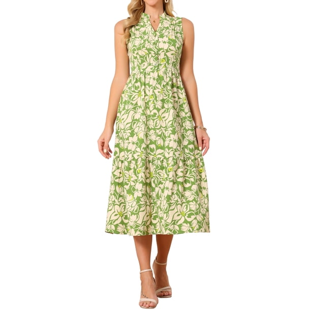 INSPIRE CHIC Vestido Floral Sin Mangas de Verano para Mujer, Cuello con Pliegues en Capas, Cuello en V, con Volantes, Línea A, Abotonado, Midi, Talla M, Verde