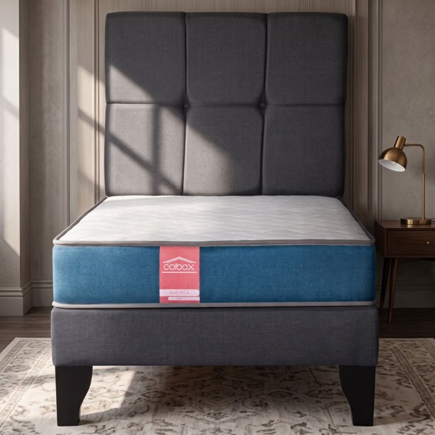 Cama 1 Plaza Europea América Azul Respaldo Atenas Tela Gris 90x190x60 Cm Resorte Bonell