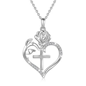 Collar Heshpaws S925 Sterling Silver Cross Rose Heart Plateado