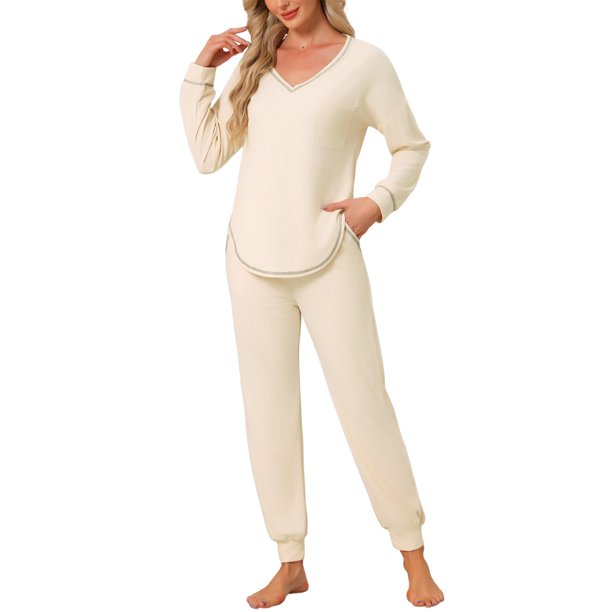 INSPIRE CHIC Conjunto de Pijama de Punto de Waffle para Mujer, Conjunto de Salón de Manga Larga con Cuello en V con Pantalones Jogger y Bolsillos S Beige