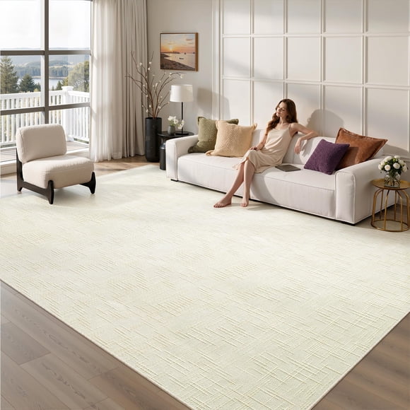 Valenrug Alfombra de Área 6x9, Alfombra Lavable de Pelo Alto y Bajo para Sala, Marfil
